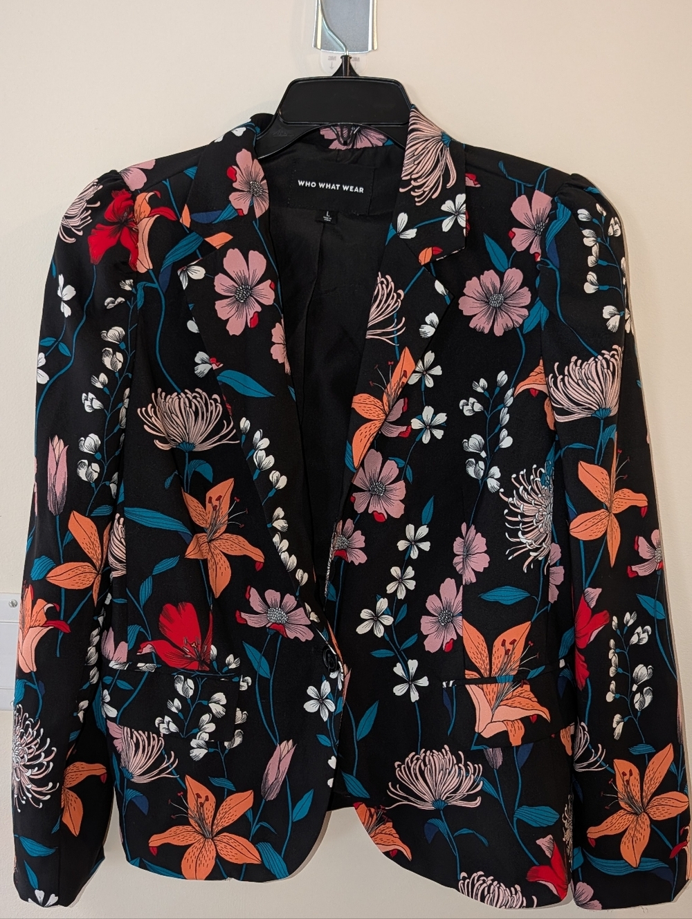 Who What Wear Black Blazer with Orange, Pink & Teal Floral Print